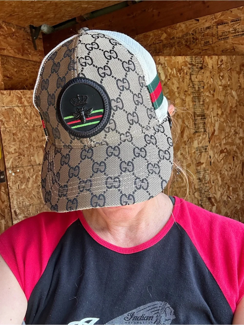 Canvas Baseball Cap with Black Bee Patch and Green-Red Stripe